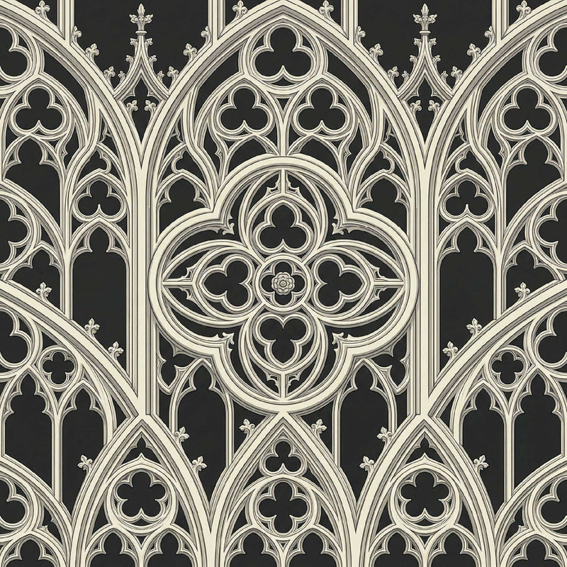 Gothic tracery wallpaper with ornate cream geometric patterns on a black background