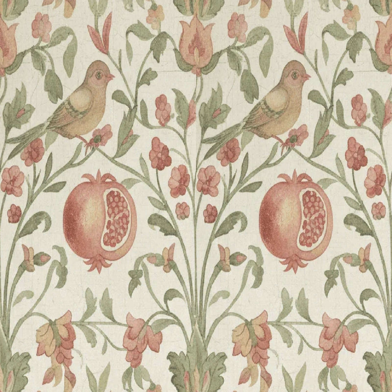 Patterned fabric with birds, pomegranates, and flowers on a light green background