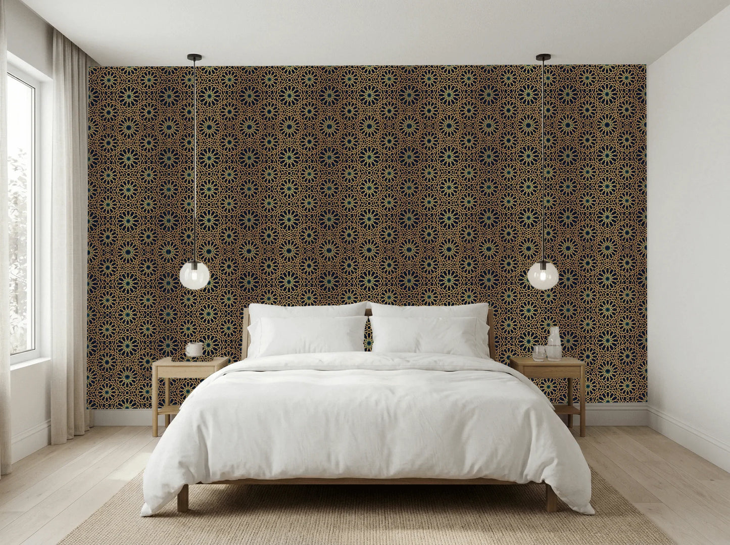 Luxury geometric wallpaper with intricate gold Alhambra-inspired pattern behind a modern bed