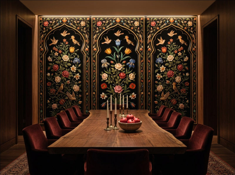 The Inlaid Garden Mughal pietra dura arch wallpaper on a dining room wall behind a walnut table and oxblood velvet chairs