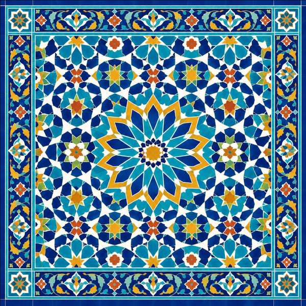 Samarkand Blue Timurid tile mosaic mural wallpaper: full design with sunburst medallion, girih star field and lotus borders in cobalt, turquoise and saffron
