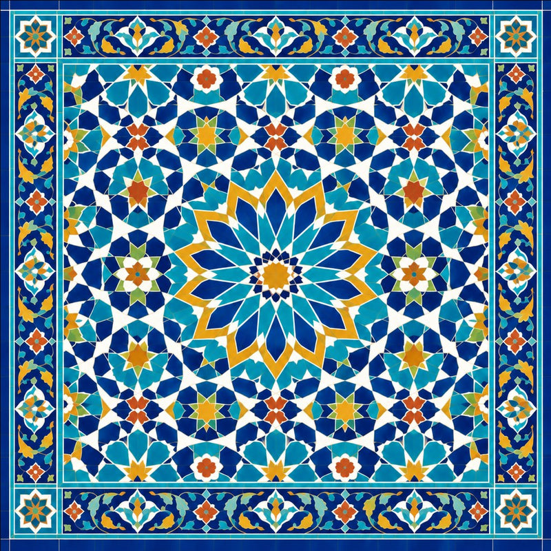 Samarkand Blue Timurid tile mosaic mural wallpaper: full design with sunburst medallion, girih star field and lotus borders in cobalt, turquoise and saffron