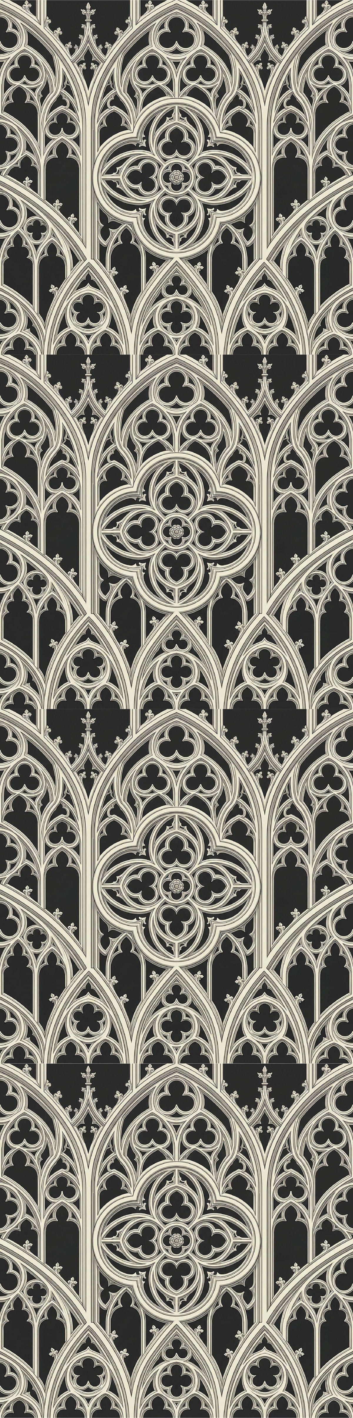 Gothic tracery wallpaper with ornate cream geometric patterns on a black background
