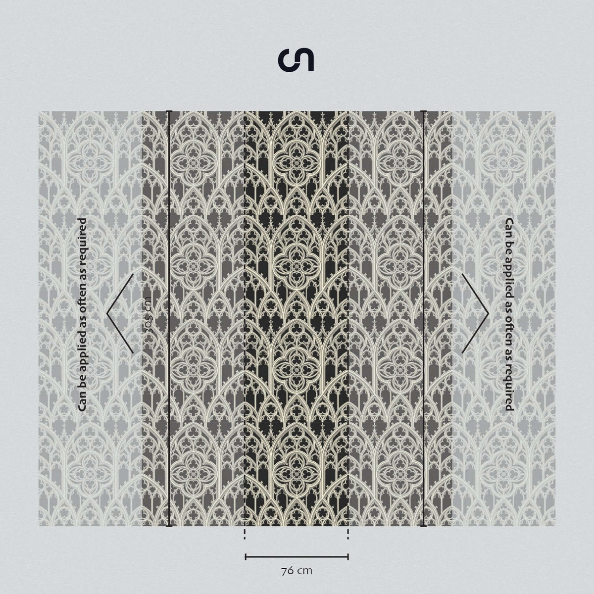 Gothic tracery wallpaper with ornate cream geometric patterns on a black background