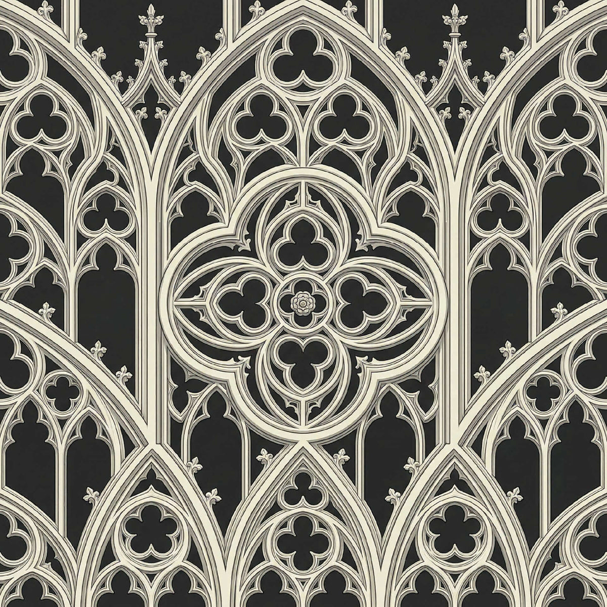 Gothic tracery wallpaper with ornate cream geometric patterns on a black background