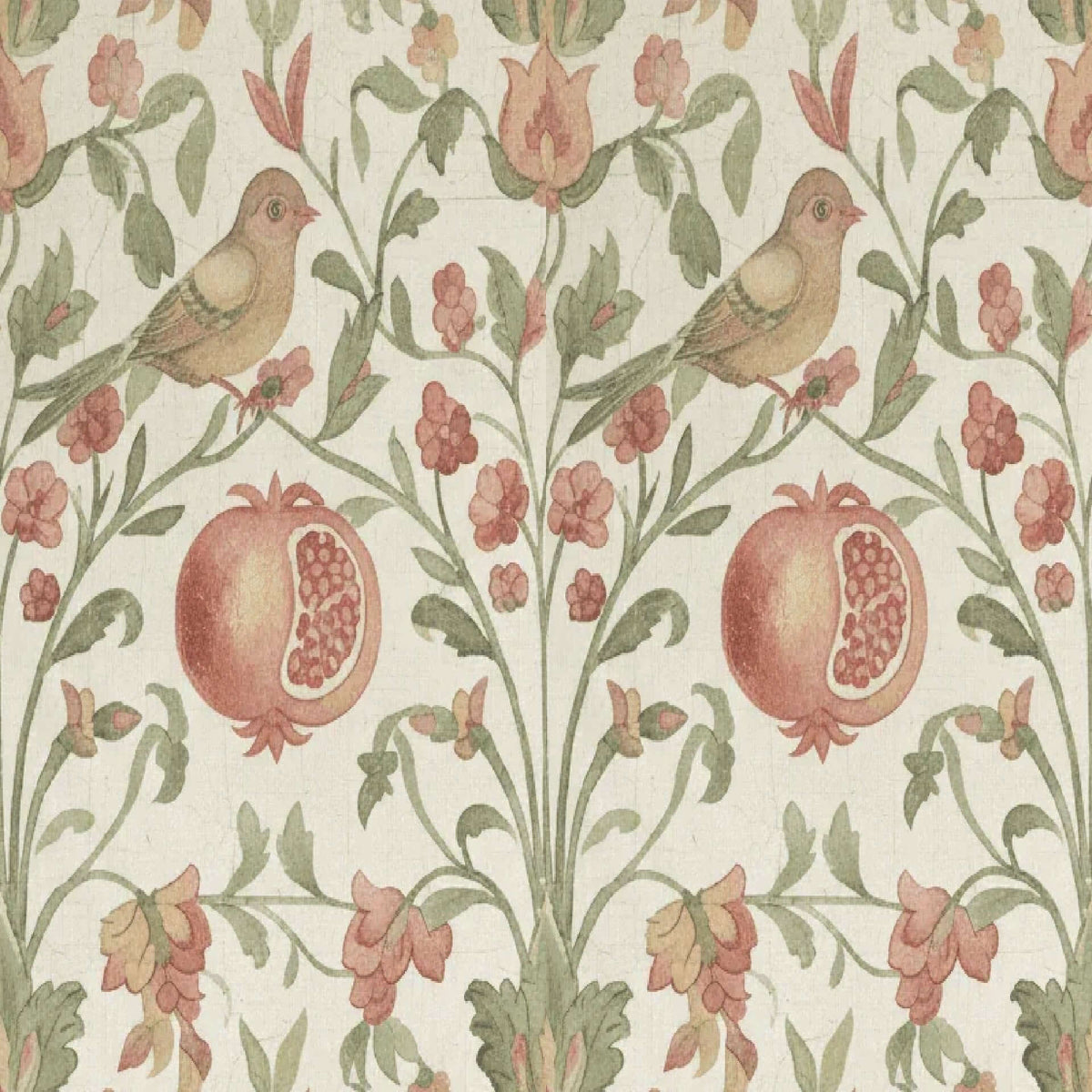 Patterned fabric with birds, pomegranates, and flowers on a light green background