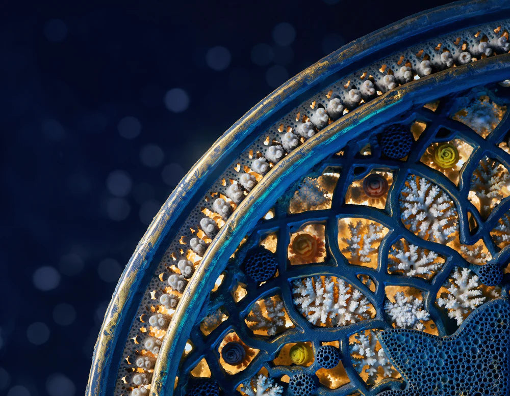 Intricate blue and gold designer wallpaper with coral-inspired patterns and textured details