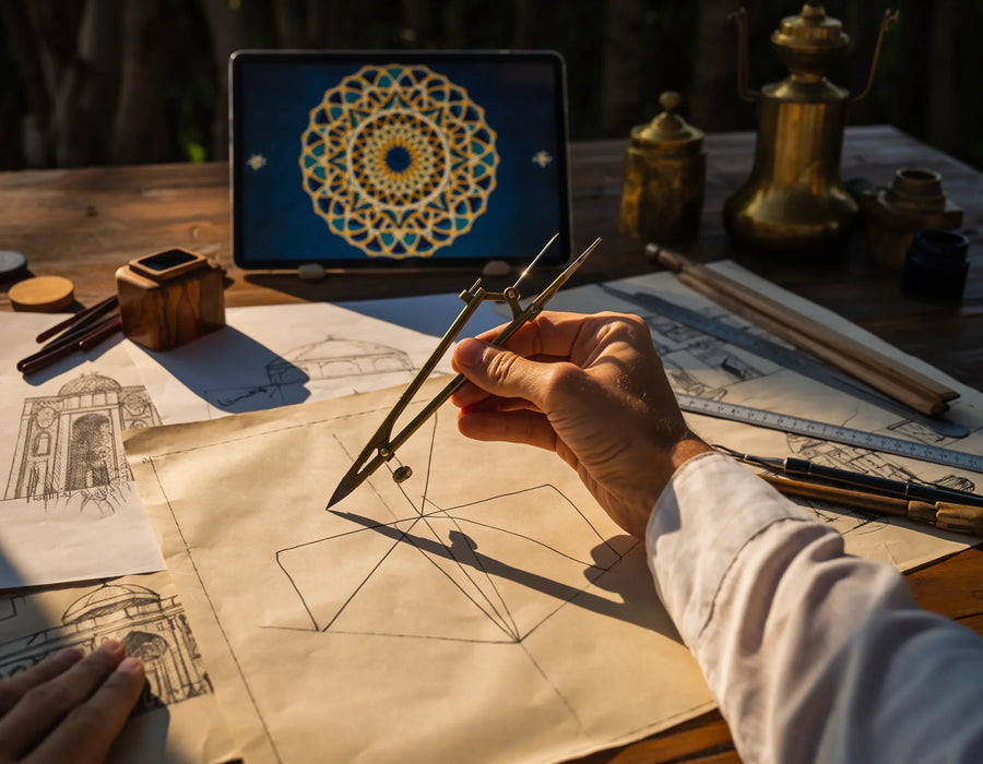 Hand sketching a geometric Islamic pattern with compass, tablet shows ornate gold design, architectural drawings on wooden desk.
