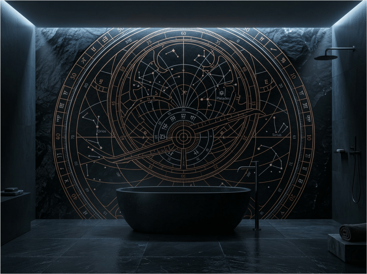 The Celestial Void mural by Carta Noor featuring copper astrolabe patterns on an obsidian-textured background.
