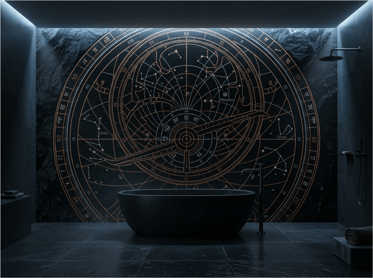 The Celestial Void mural by Carta Noor featuring copper astrolabe patterns on an obsidian-textured background.