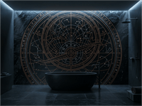 The Celestial Void mural by Carta Noor featuring copper astrolabe patterns on an obsidian-textured background.