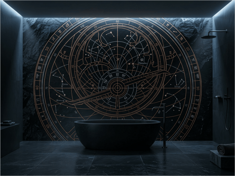 The Celestial Void mural by Carta Noor featuring copper astrolabe patterns on an obsidian-textured background.