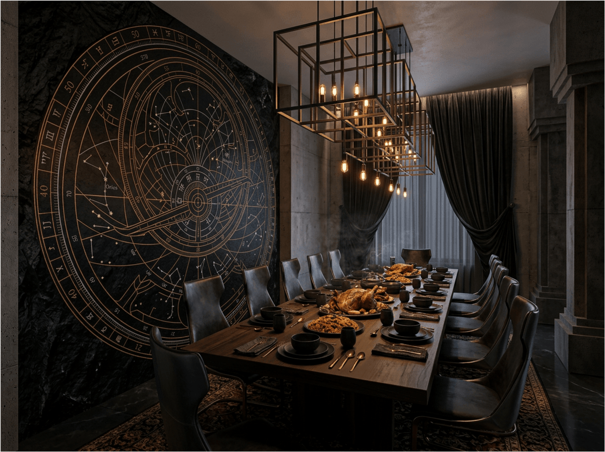 The Celestial Void mural by Carta Noor featuring copper astrolabe patterns on an obsidian-textured background.