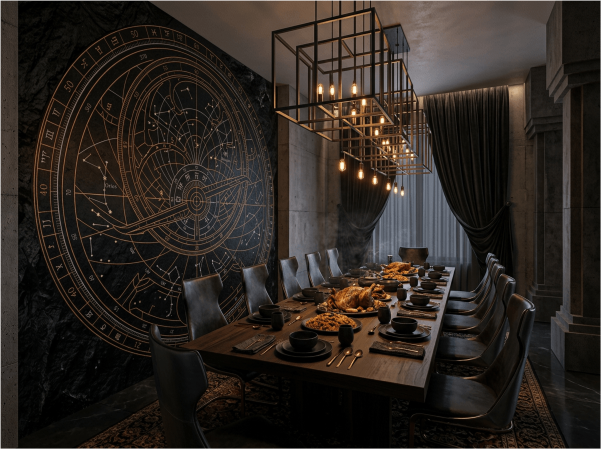 The Celestial Void mural by Carta Noor featuring copper astrolabe patterns on an obsidian-textured background.