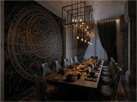 The Celestial Void mural by Carta Noor featuring copper astrolabe patterns on an obsidian-textured background.