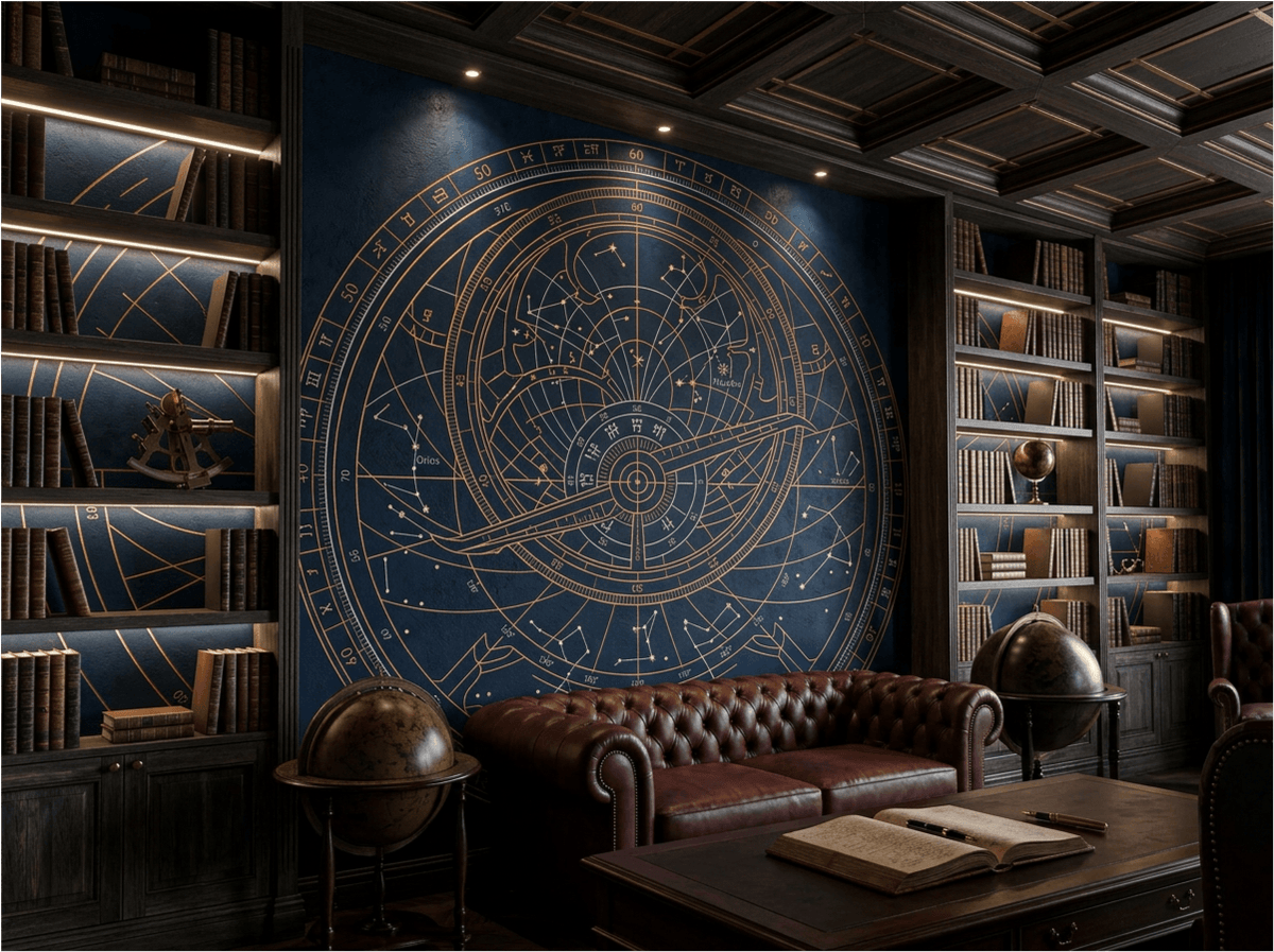 The Celestial Void mural by Carta Noor featuring copper astrolabe patterns on an obsidian-textured background.