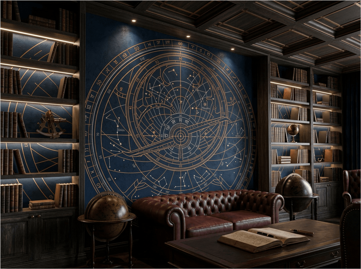 The Celestial Void mural by Carta Noor featuring copper astrolabe patterns on an obsidian-textured background.