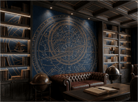 The Celestial Void mural by Carta Noor featuring copper astrolabe patterns on an obsidian-textured background.