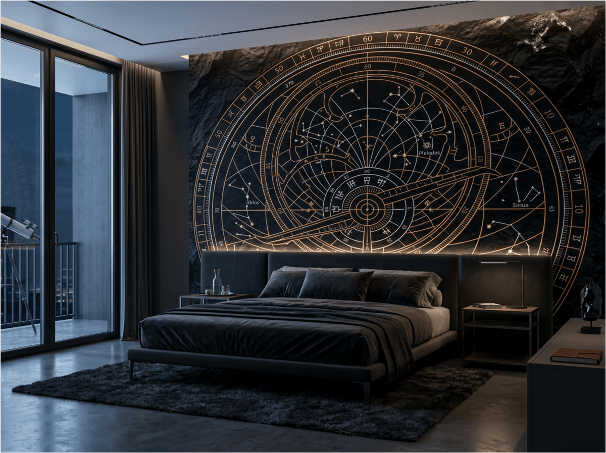 The Celestial Void mural by Carta Noor featuring copper astrolabe patterns on an obsidian-textured background.