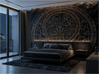 The Celestial Void mural by Carta Noor featuring copper astrolabe patterns on an obsidian-textured background.