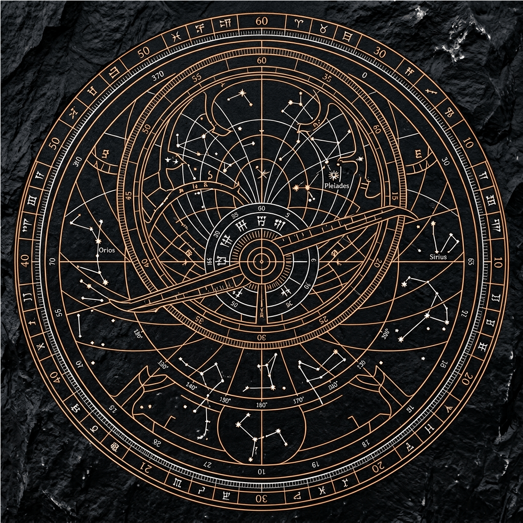 The Celestial Void mural by Carta Noor featuring copper astrolabe patterns on an obsidian-textured background.