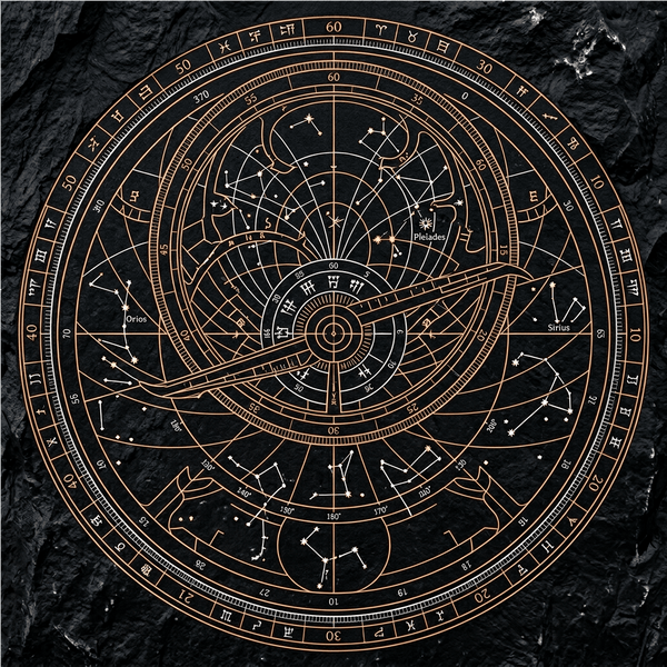 The Celestial Void mural by Carta Noor featuring copper astrolabe patterns on an obsidian-textured background.