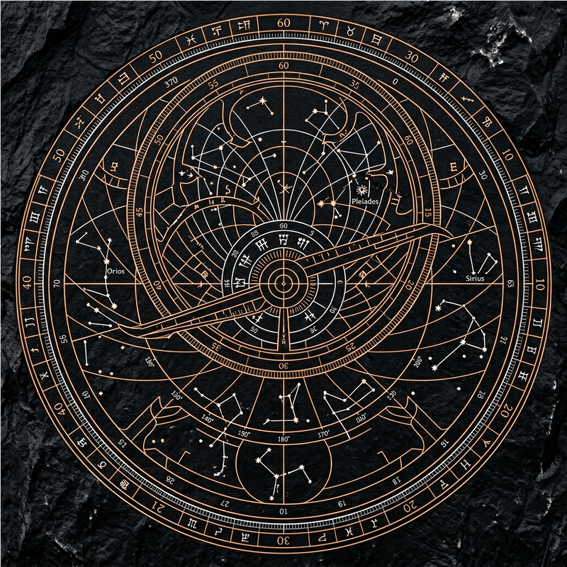 The Celestial Void mural by Carta Noor featuring copper astrolabe patterns on an obsidian-textured background.