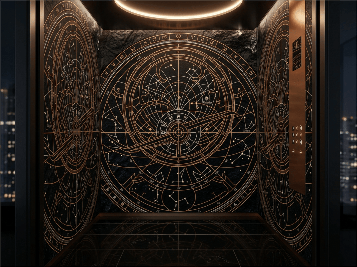 The Celestial Void mural by Carta Noor featuring copper astrolabe patterns on an obsidian-textured background.
