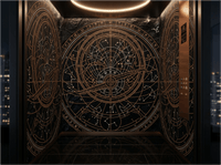The Celestial Void mural by Carta Noor featuring copper astrolabe patterns on an obsidian-textured background.