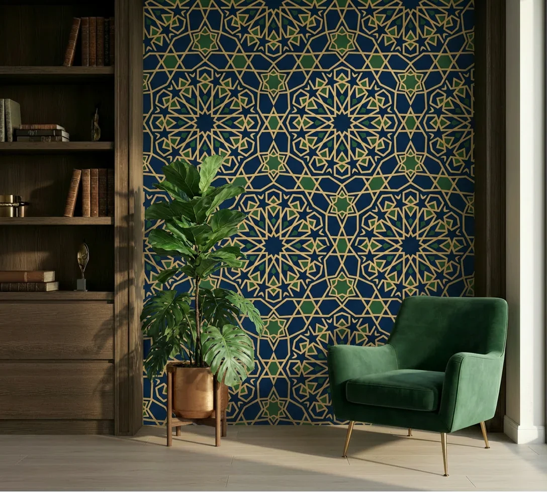 Luxury designer wallpaper with geometric gold and navy pattern, green velvet chair, and indoor plant.