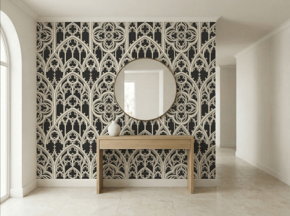 Gothic tracery wallpaper with ornate cream geometric patterns on a black background