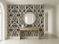 Gothic tracery wallpaper with ornate cream geometric patterns on a black background