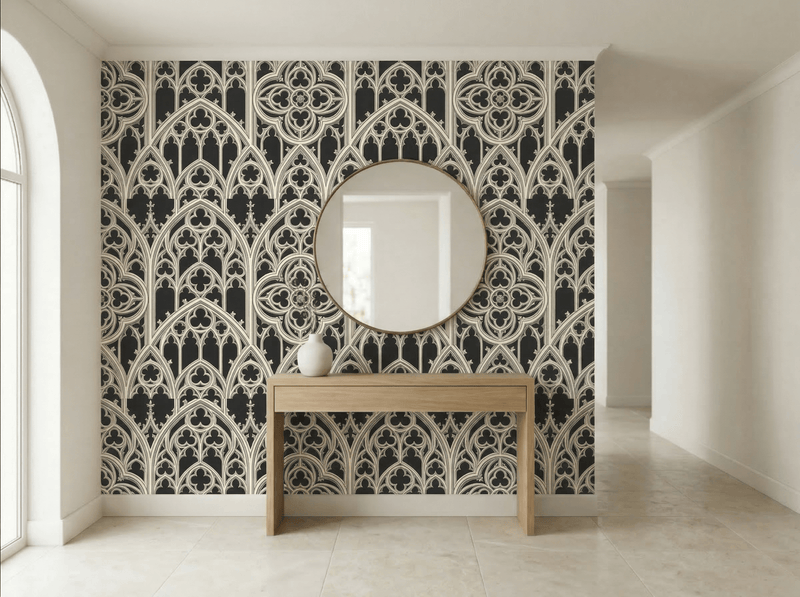 Gothic tracery wallpaper with ornate cream geometric patterns on a black background