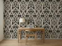 Gothic tracery wallpaper — room setting with dark luxury interior \| Carta Noor