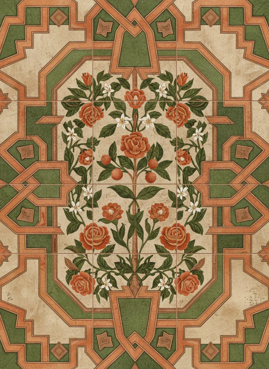 Luxury designer wallpaper with geometric patterns and floral orange bloom motifs