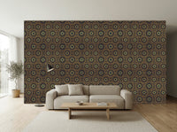 Luxury geometric wallpaper with gold and black Alhambra-inspired pattern in modern living room