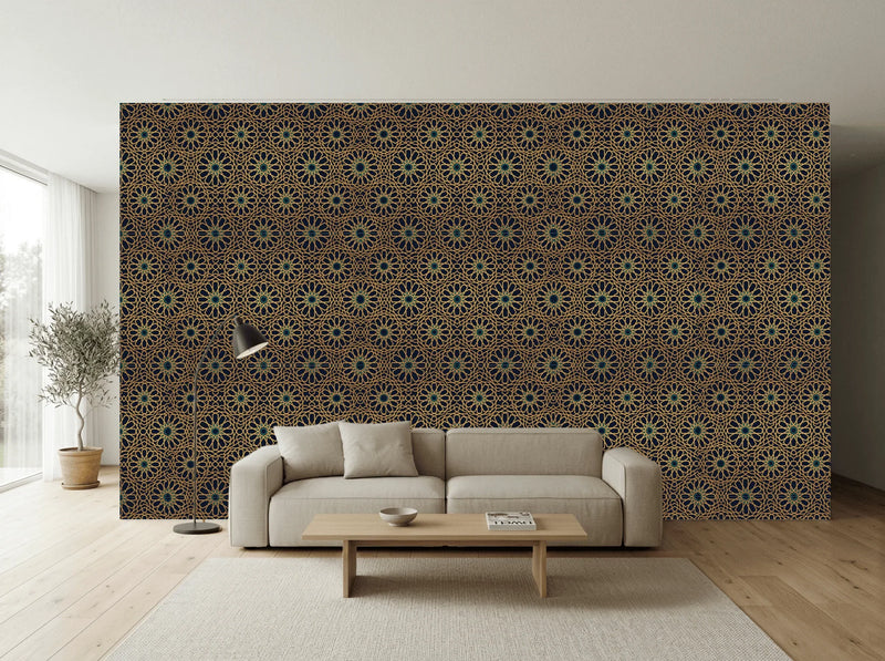 Luxury geometric wallpaper with gold and black Alhambra-inspired pattern in modern living room