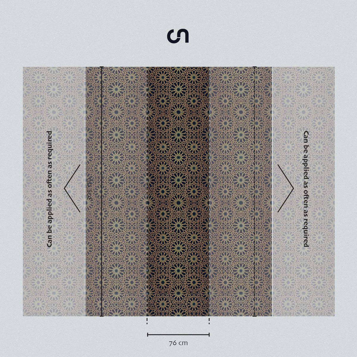 Luxury geometric wallpaper sample with intricate gold Alhambra-inspired patterns, 76 cm wide