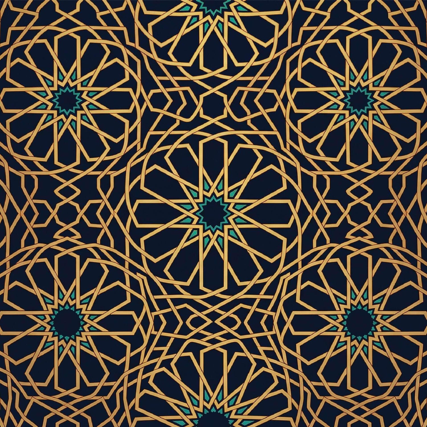 Luxury geometric wallpaper with gold and teal intricate star patterns on a dark background