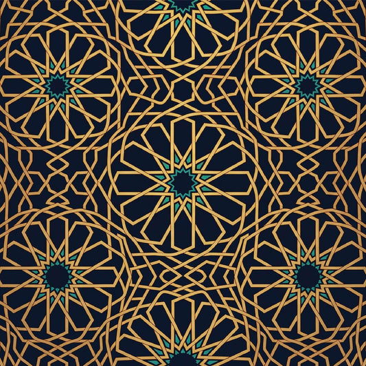 Luxury geometric wallpaper with gold and teal intricate star patterns on a dark background