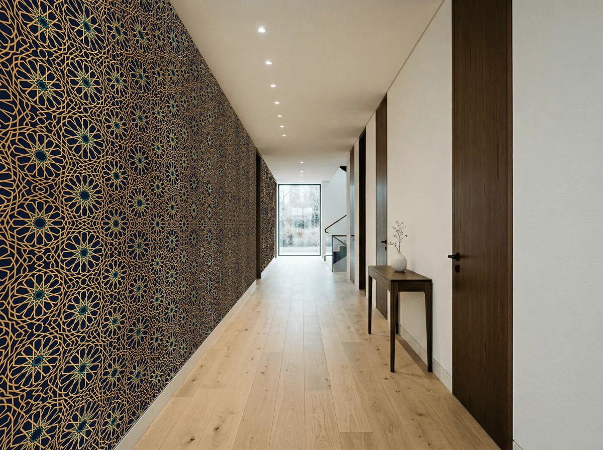 Luxury geometric wallpaper with gold and blue Alhambra pattern in modern hallway