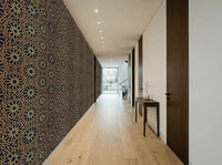 Luxury geometric wallpaper with gold and blue Alhambra pattern in modern hallway