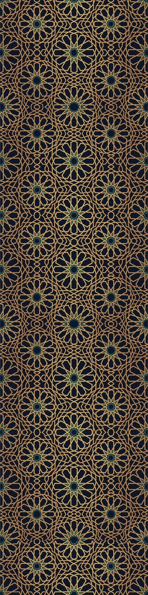 Luxury geometric wallpaper with gold and teal Alhambra-inspired patterns on a dark background.