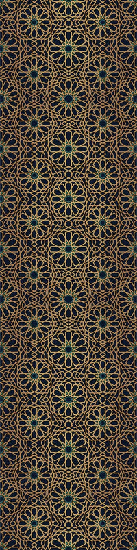 Luxury geometric wallpaper with gold and teal Alhambra-inspired patterns on a dark background.