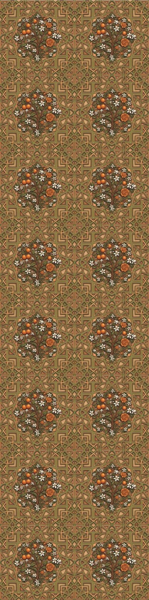 Andalusian courtyard wallpaper with geometric pattern and floral orange motifs, luxury design