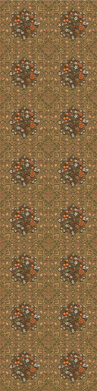 Andalusian courtyard wallpaper with geometric pattern and floral orange motifs, luxury design