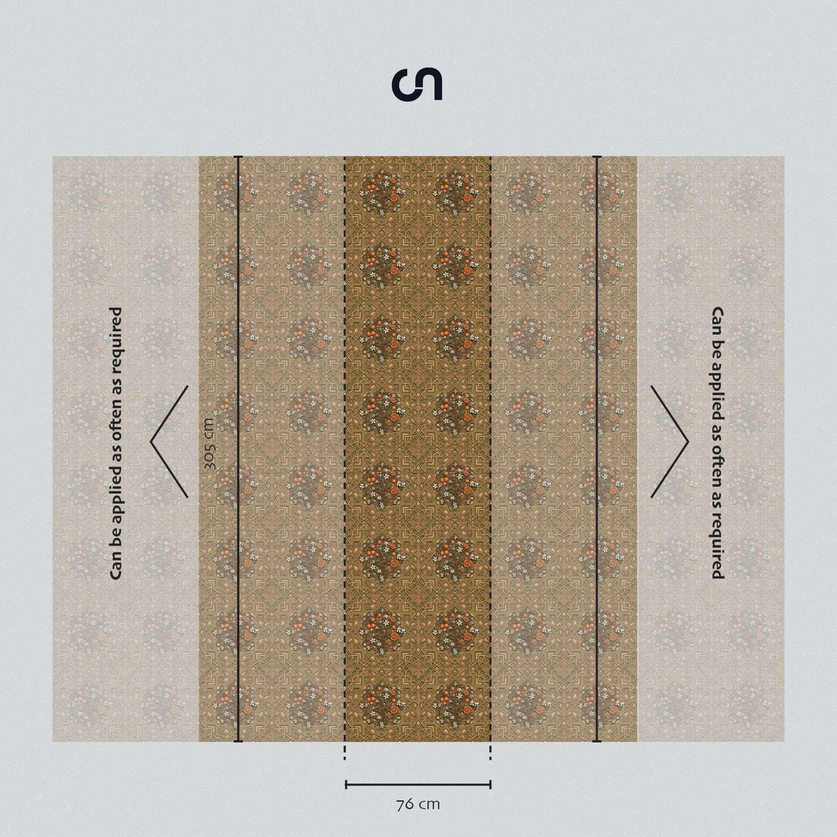 Andalusian courtyard patterned wallpaper panel with floral motifs, 305 cm by 76 cm, repeatable design