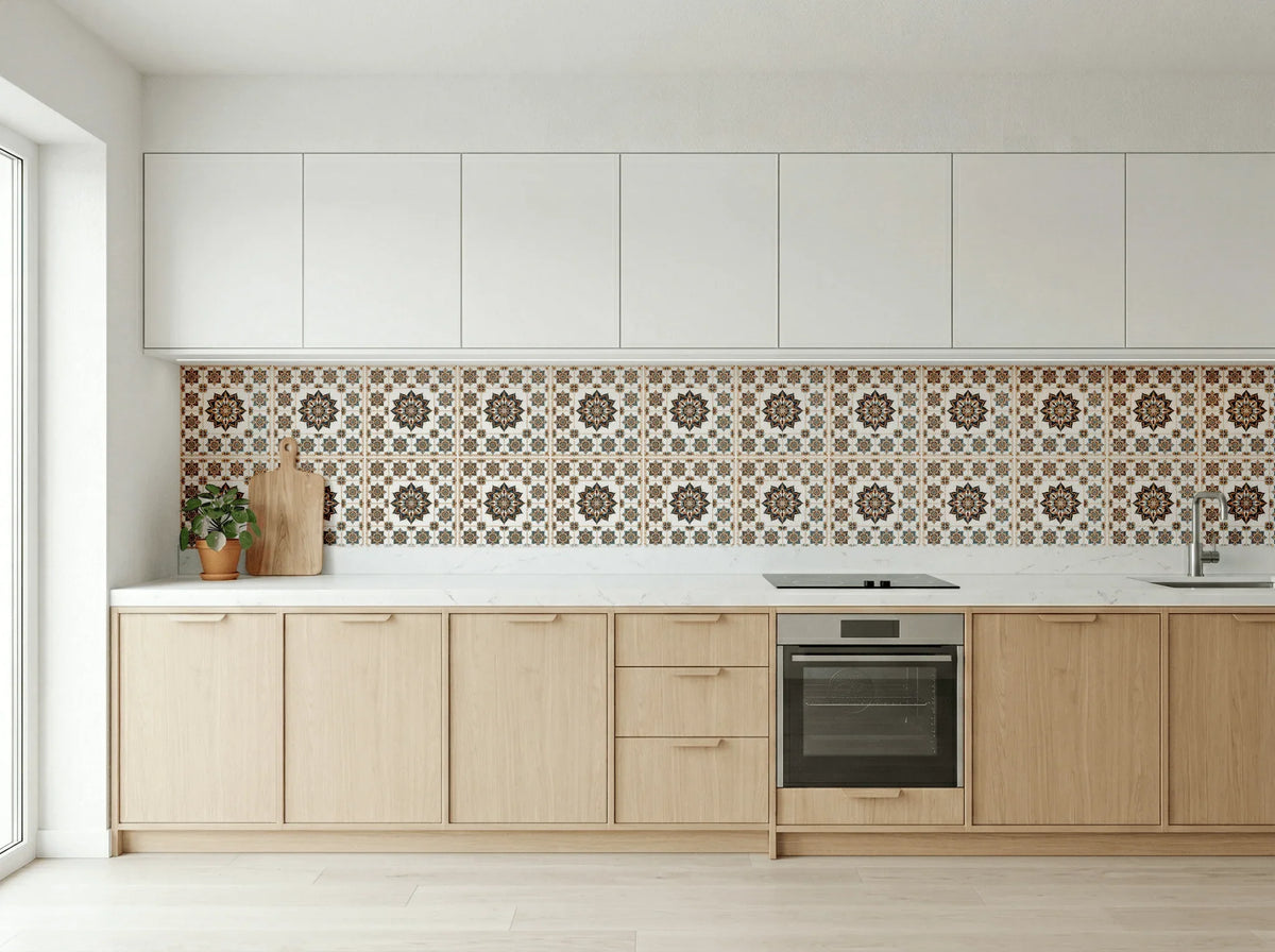 Artisanal zellige revival wallpaper with Fes-inspired geometric patterns in a modern kitchen