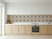 Artisanal zellige revival wallpaper with Fes-inspired geometric patterns in a modern kitchen