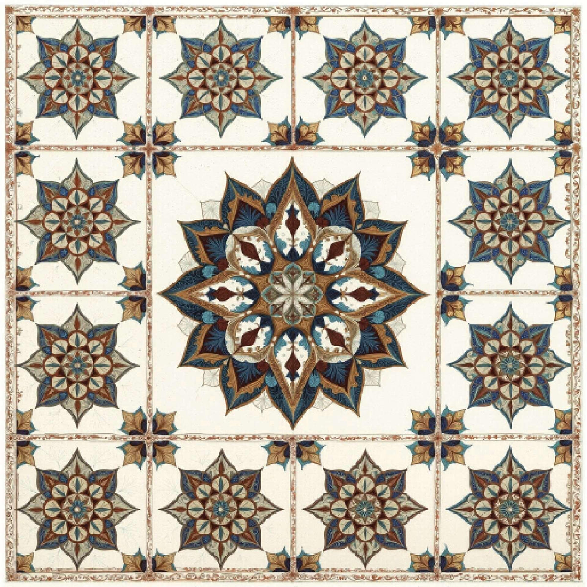 Artisanal zellige revival wallpaper with intricate floral geometric patterns in blue, brown, and cream.